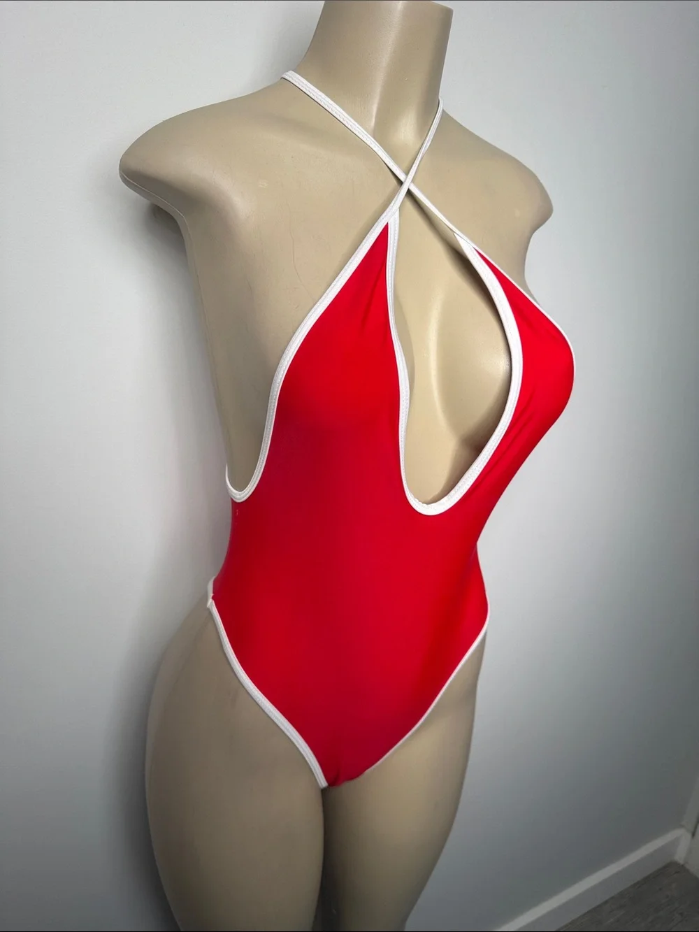 Red Cross-Back One-Piece Swimsuit with White Trim